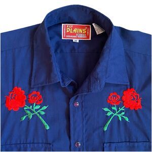 Vintage 80s Ely Plains Blue Embroidered Roses Western Shirt Snap Medium